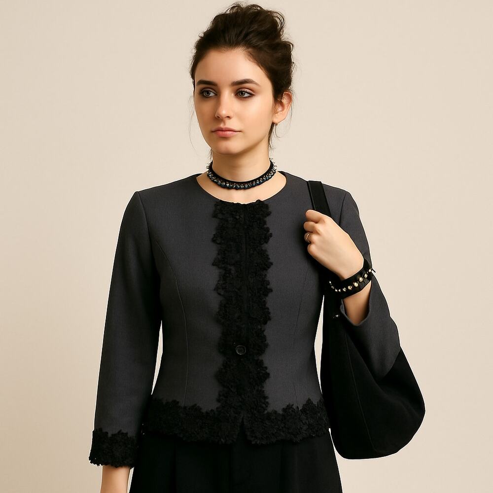 Vintage Gray Blazer‎ black lace trim goth fitted size S